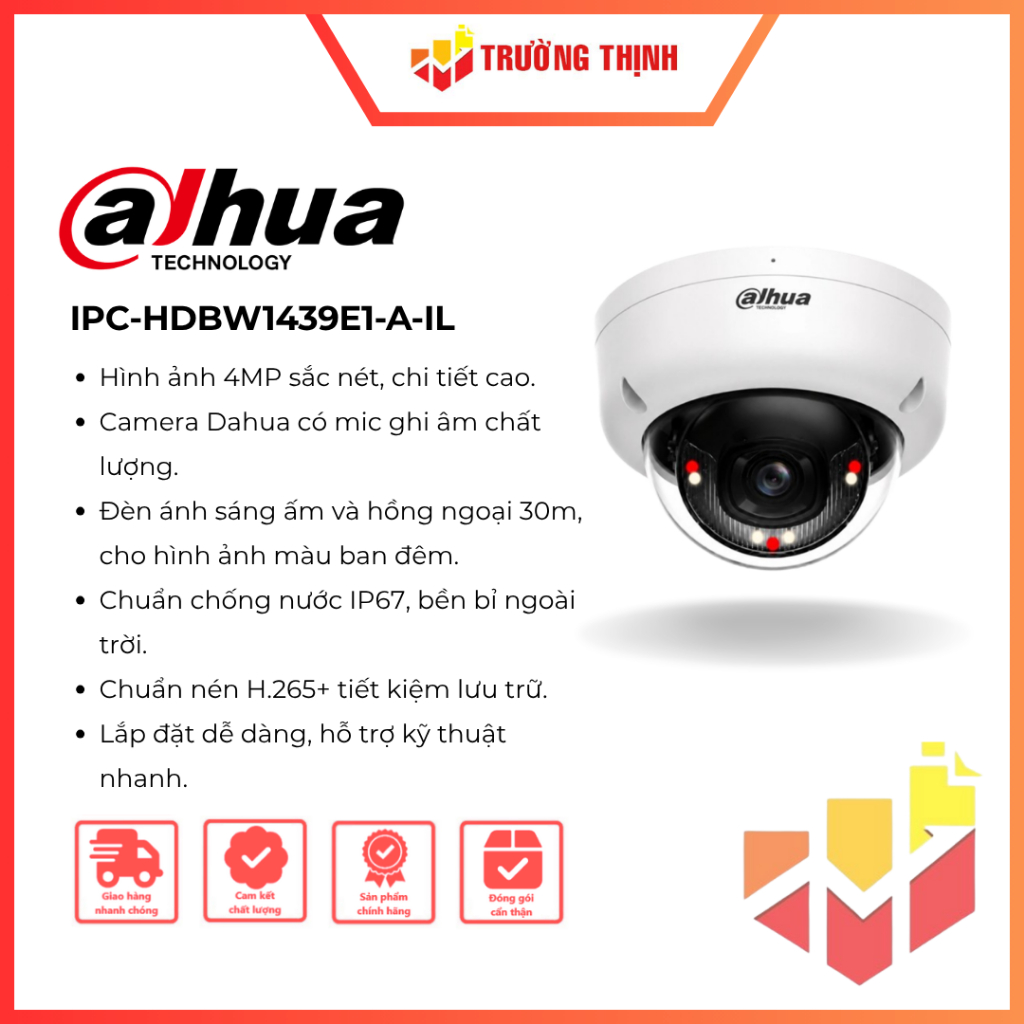 Camera IP Dome 4MP DAHUA DH-IPC-HDBW1439E1-A-IL | Có màu ban đêm | 4MP | IP67 | Có Mic