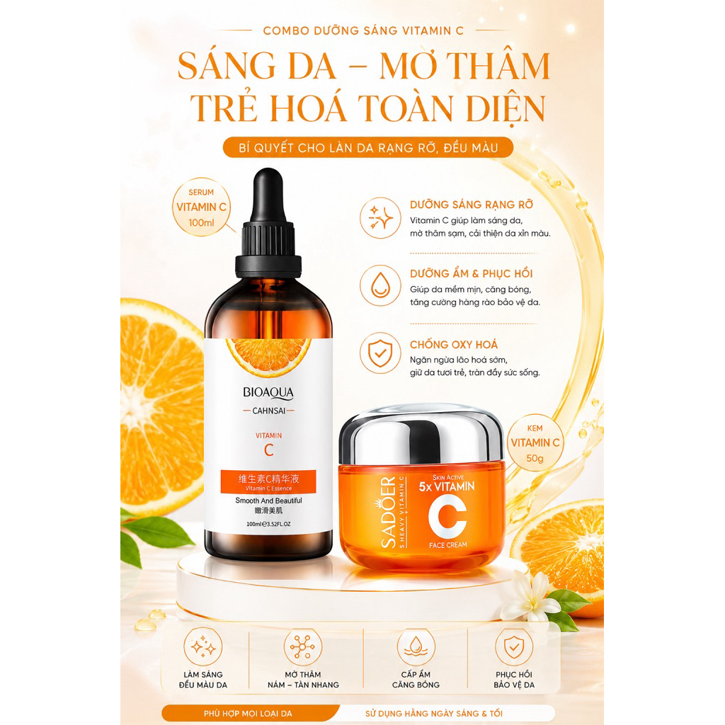 Combo Dưỡng Sáng Da Vitamin C BIOAQUA Serum Vitamin C 100ml + Kem Vitamin C SADOER 50g