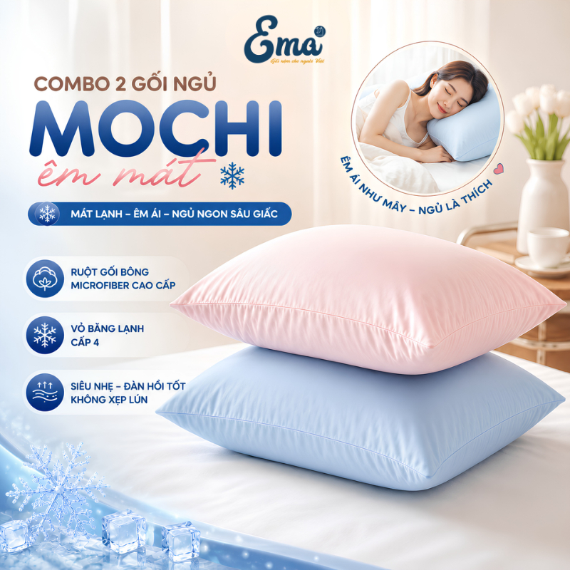 Combo 2 gối ngủ Mochi êm mát EMA 50x70cm, vỏ gối mịn màng cao cấp ruột gối lông vũ Microfiber êm ái