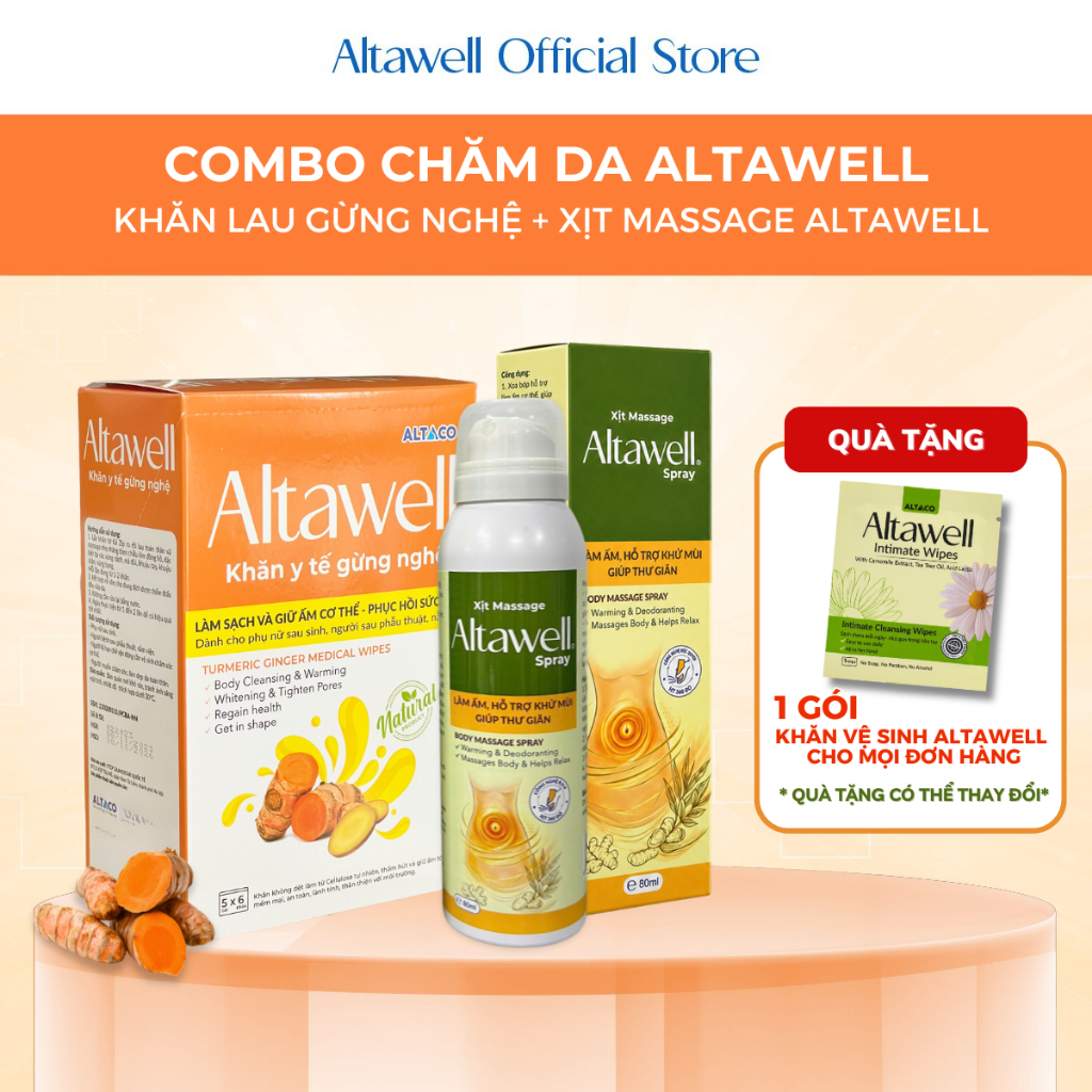 Altawell Combo Khăn Y Tế Gừng Nghệ & Xịt Massage Altawell – Hỗ Trợ Làm Sạch, Khử Mùi, Mờ Rạn & Thâm 