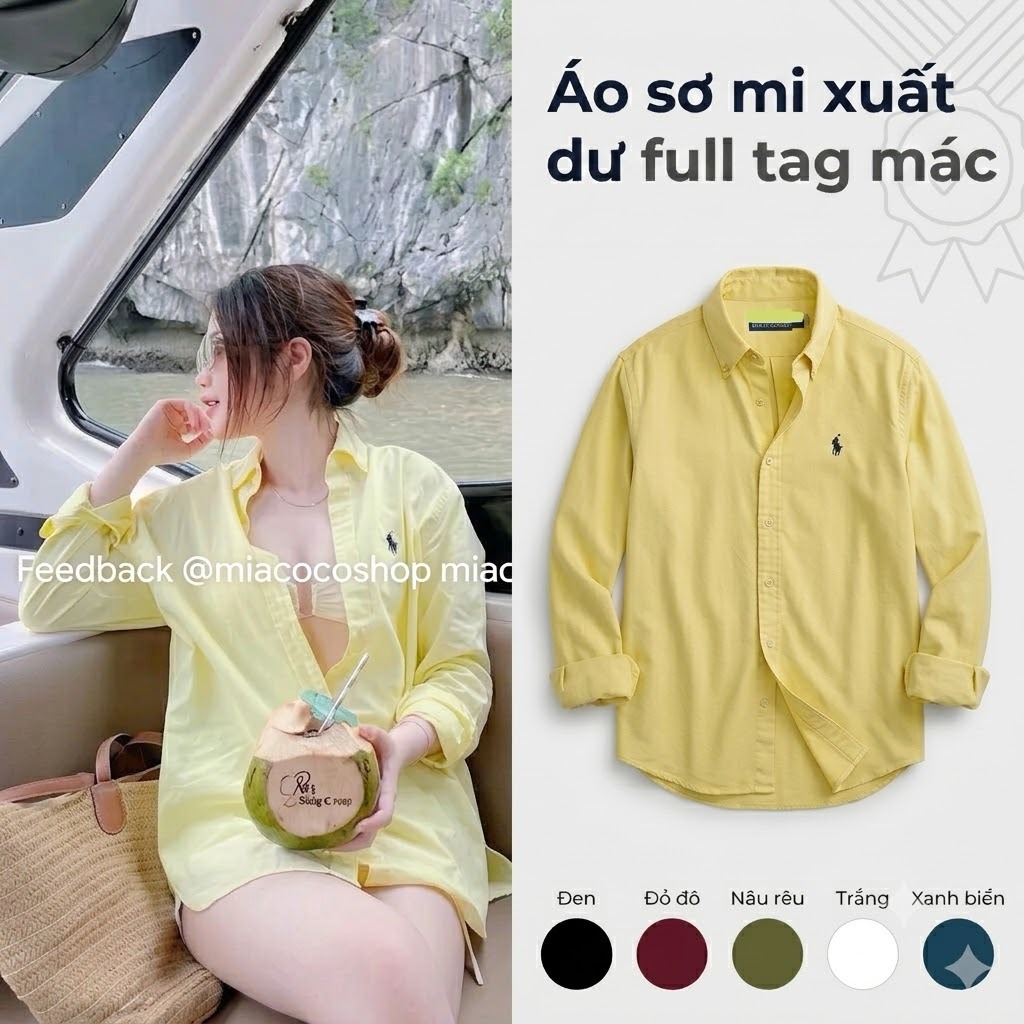 (Nhiều màu) Áo xuất xịn sơ mi vàng chanh form vừa, sơ mi con ngựa thêu chất cotton kaki full tag mác
