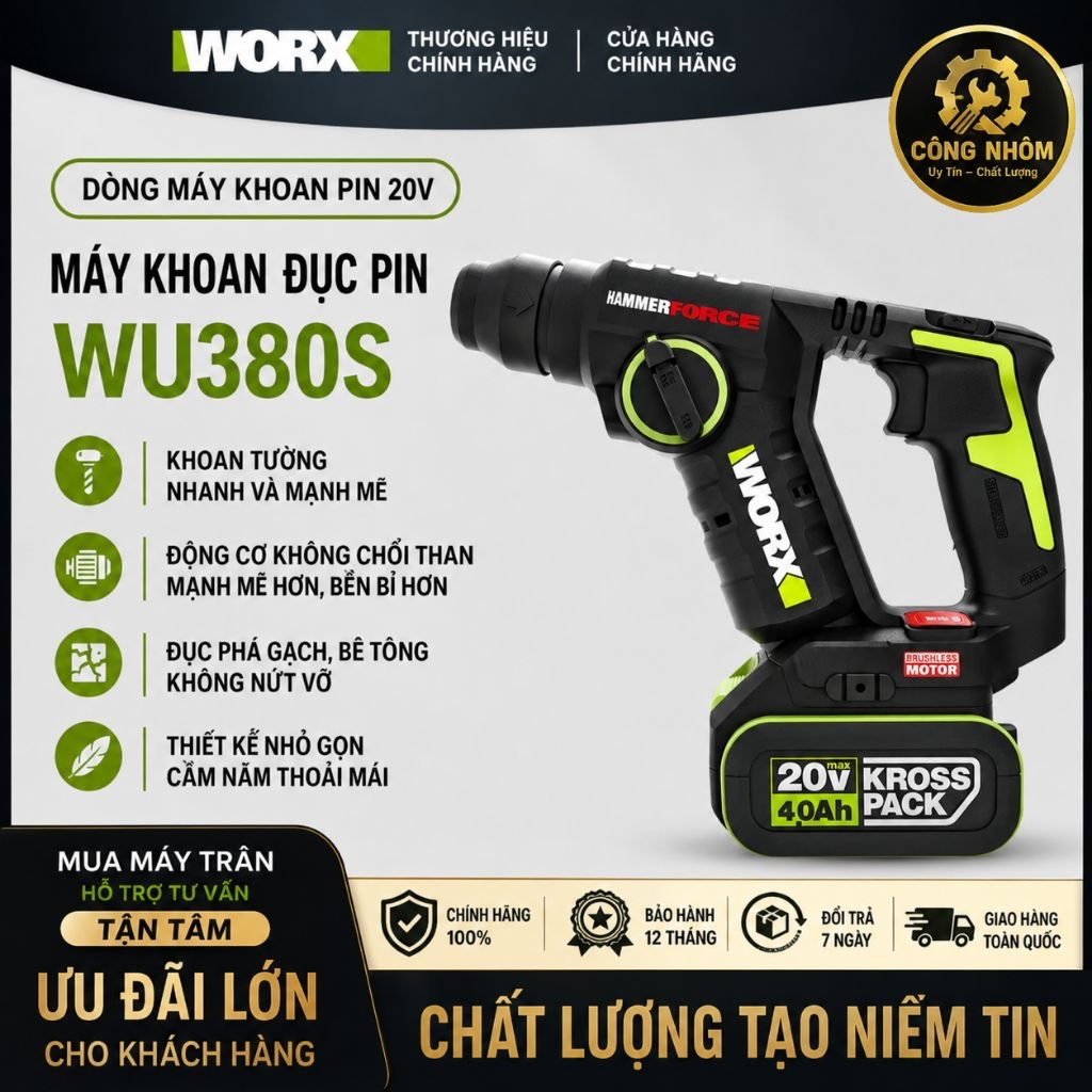 Máy khoan búa dùng pin 20V Worx Green WU380S (Pin 4Ah)