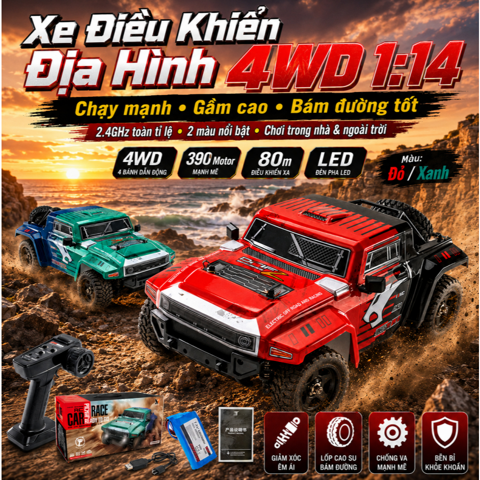 Xe RC Drift Địa Hình 4WD 1:14 Điều Khiển 2.4GHz Toàn Tỷ Lệ 80m Motor 390 Lốp Offroad 70x30mm
