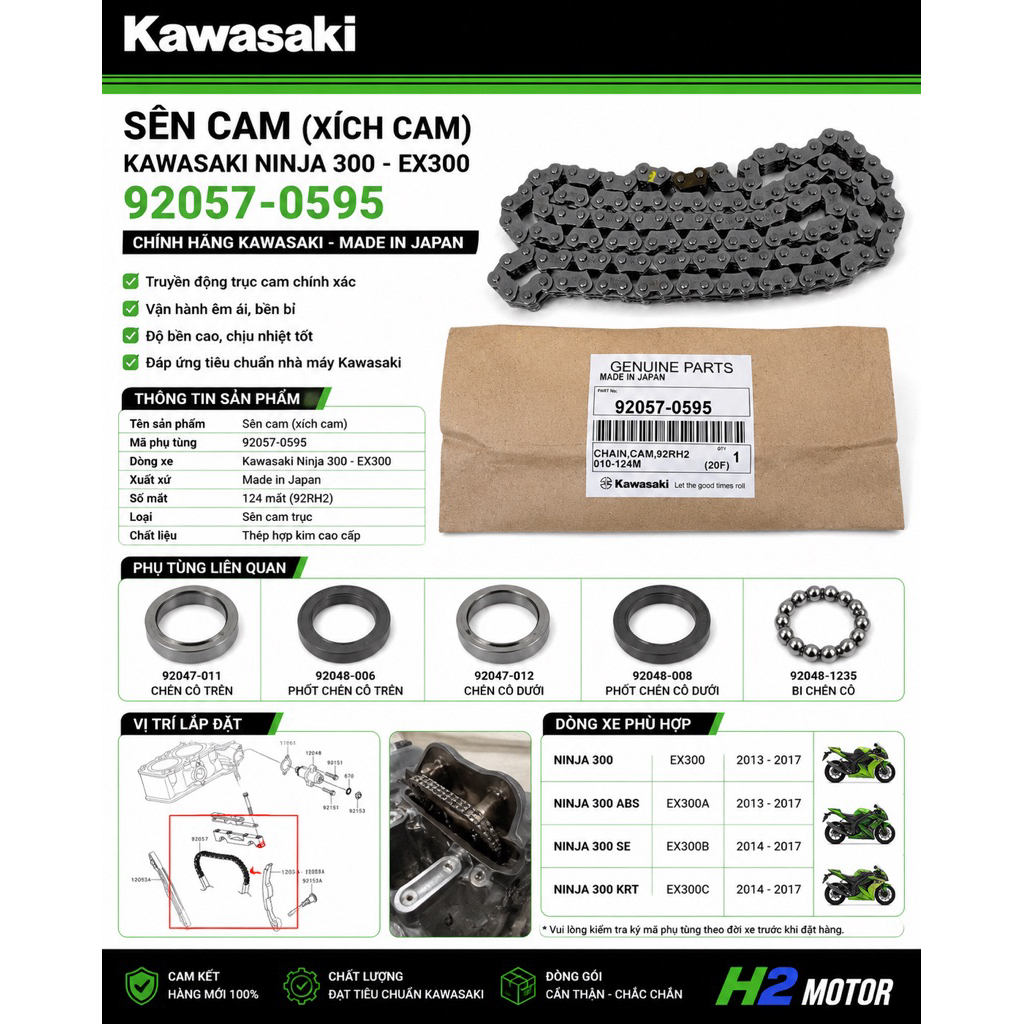 Xích Cam (Sên Cam) Kawasaki Ninja 250 Ninja 300 Z250 Z300 2010-2017 | Cam Chain 92057-0595 | Tăng Ca