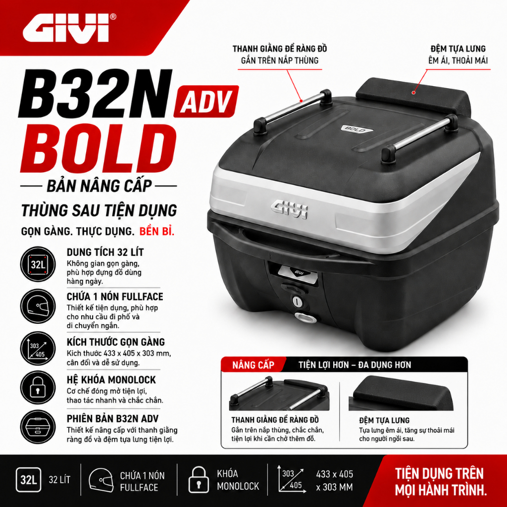 Thùng Sau GIVI B32N ADV 32L Chính Hãng | Kèm Thanh Giằng, Lưới Ràng, Tựa Lưng, Khóa Monolock