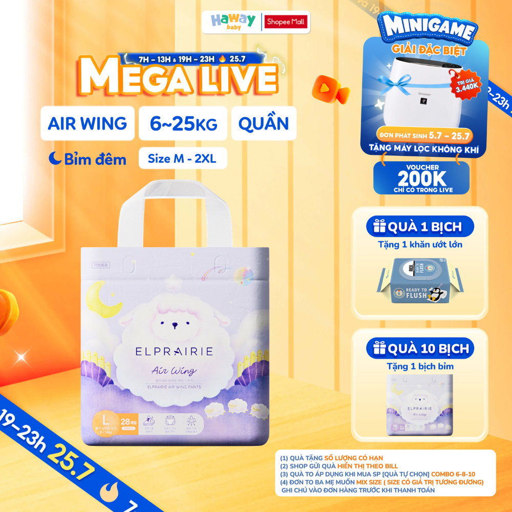 Tã Bỉm Quần ELPRAIRIE Air Wing Size M32/L28/XL25/XXL22 Hàn Quốc Siêu Mỏng, Thấm Hút Chống Tràn Cho B