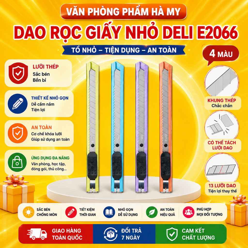 Combo 5 Cây Dao Rọc Giấy Nhỏ Deli E2066 - Loại 13 Lưỡi Dao Bằng Thép Hợp Kim SK5 Sắc Bén