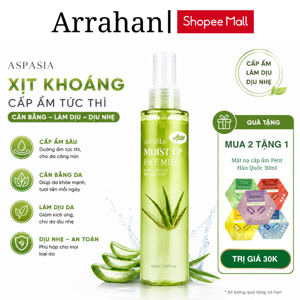 Xịt Khoáng Nha Đam Aspasia Moist Up Face Mist Aloe Hàn Quốc 150ml