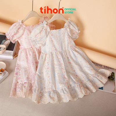 Váy bé gái TIHON cao cấp đầm hoa nhí tay bồng chất thô mềm thiết kế bo chun vai lai bèo VT0744319