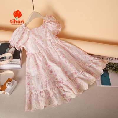 Váy cho bé gái TIHON cao cấp đầm thiết kế vai chun bo bèo chất thô mát phong cách vintage VT0744319