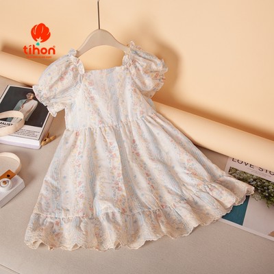 Đầm bé gái TIHON cao cấp váy thô hoa nhí vintage cổ vuông bo chun vai lai bèo vintage VT0744319