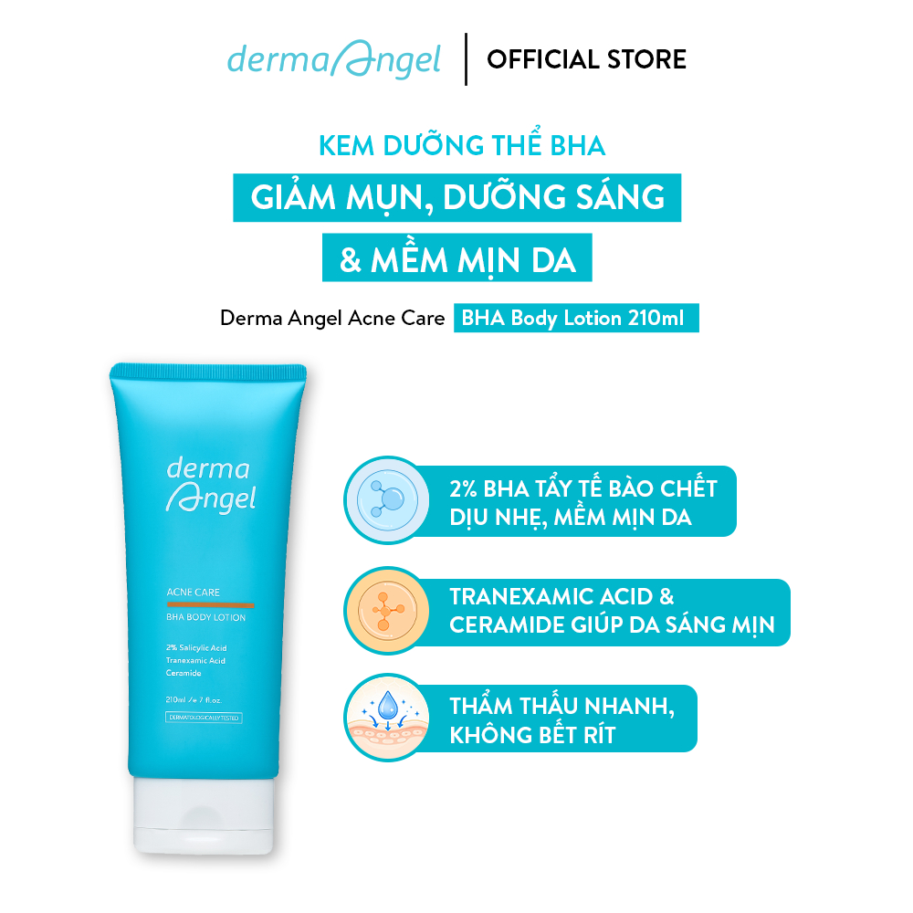 Kem Dưỡng Thể BHA Giảm Mụn, Dưỡng Sáng & Mềm Mịn Da Derma Angel Acne Care BHA Body Lotion 210ml