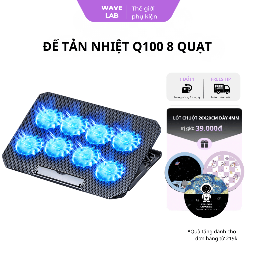 Đế Tản Nhiệt Laptop Q100 8 Quạt Lớn – 4 Mức Điều Chỉnh Độ Cao, Hỗ Trợ Laptop 12-17 Inch