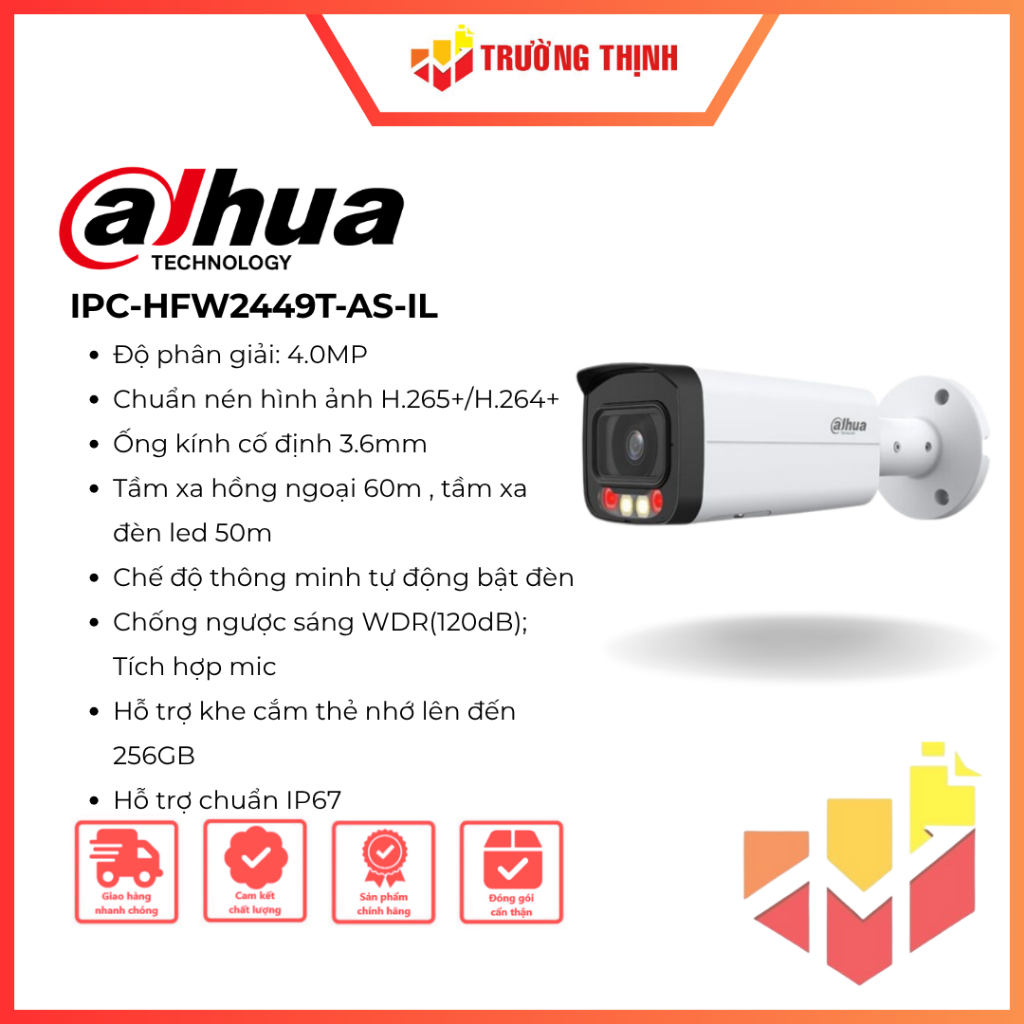Camera IP 4MP DAHUA DH-IPC-HFW2449T-AS-IL | 4MP | Chống ngược sáng | Tích hợp Mic | IP67