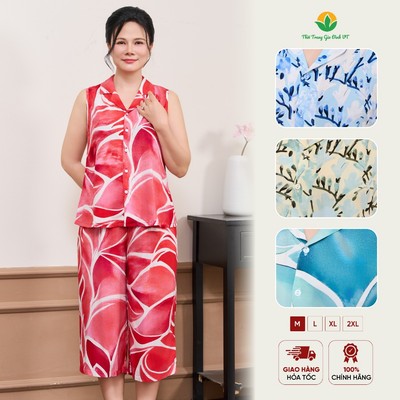 Bộ đồ lanh sát nách trung niên  Việt Thắng quần lửng áo mở khuy họa tiết - B05.6049