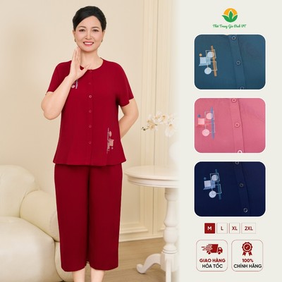 Bộ đồ lanh nữ trung niên Việt Thắng quần lửng áo cộc tay mở khuy thêu thanh lịch B26.6096