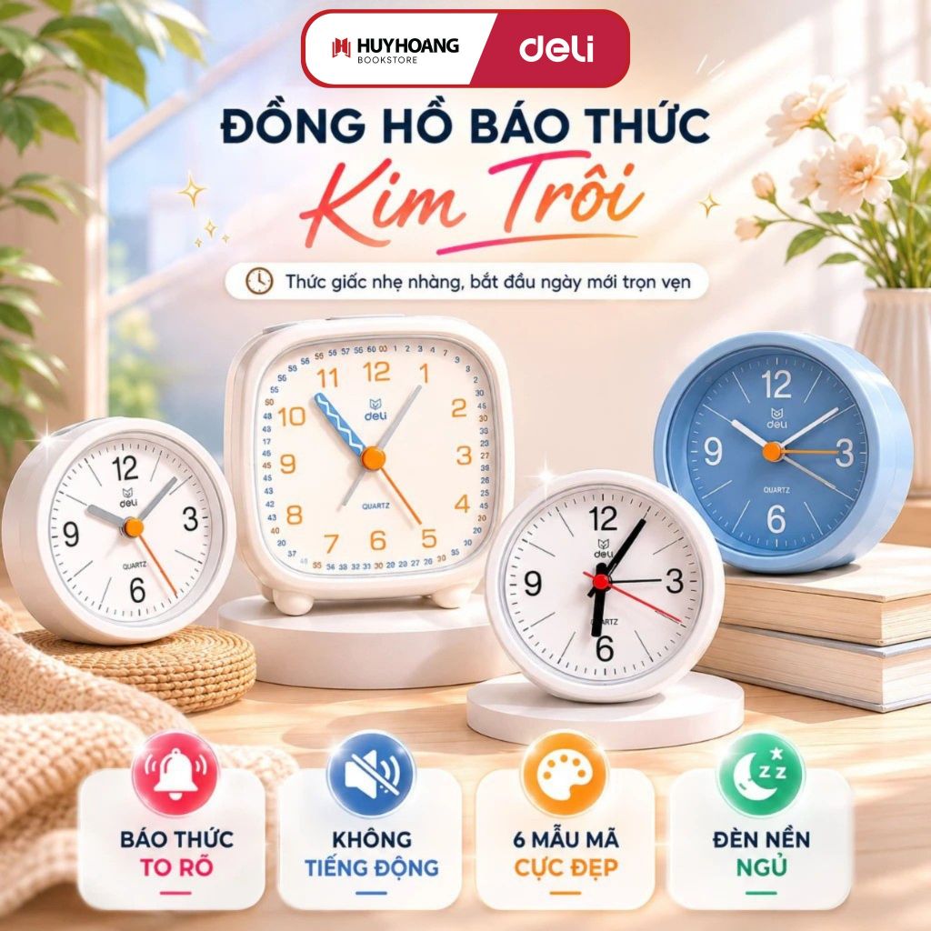 Đồng hồ báo thức để bàn có đèn kim trôi Deli thân nhựa tinh tế cho phòng ngủ văn phòng, VPP