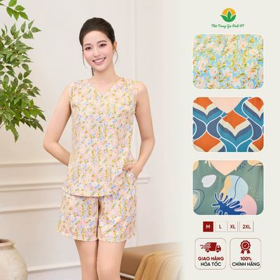 Đồ bộ lanh tole mặc nhà nữ quần đùi áo sát nách họa tiết thời trang Việt Thắng - B02.6001