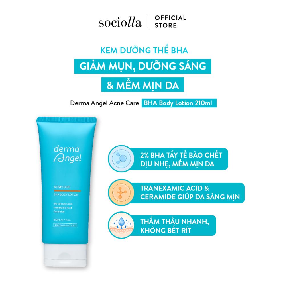 Kem Dưỡng Thể BHA Giảm Mụn, Dưỡng Sáng & Mềm Mịn Da Derma Angel Acne Care BHA Body Lotion 210ml