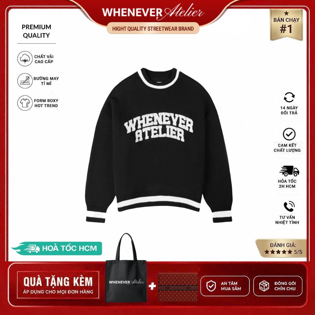Whenever Atelier |  Áo Sweater Whenever Basic Logo Knit Sweater Form Regular Vải Cotton 100% Cao Cấp