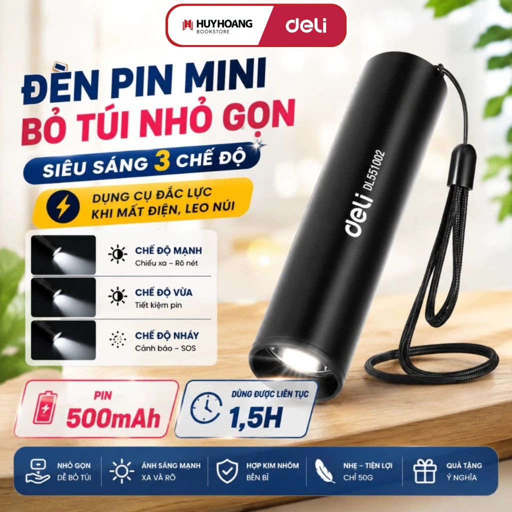 Đèn pin mini bỏ túi Deli siêu sáng, thiết kế nhỏ gọn, dung lượng pin 500MaH lên tới 1,5h liên tục (E