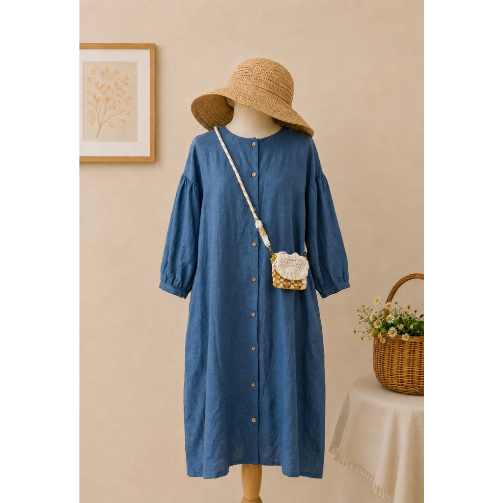 ĐẦM XANH LINEN COTTON 2HAND NHẬT