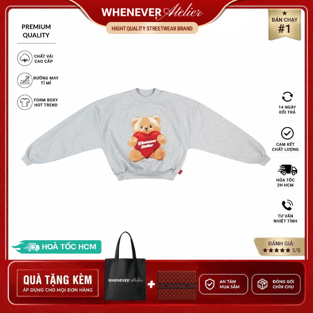 Whenever Atelier | Áo Sweater Whenever Bear Sweater Form Boxy Vải Nỉ Bông Cao Cấp - Grey