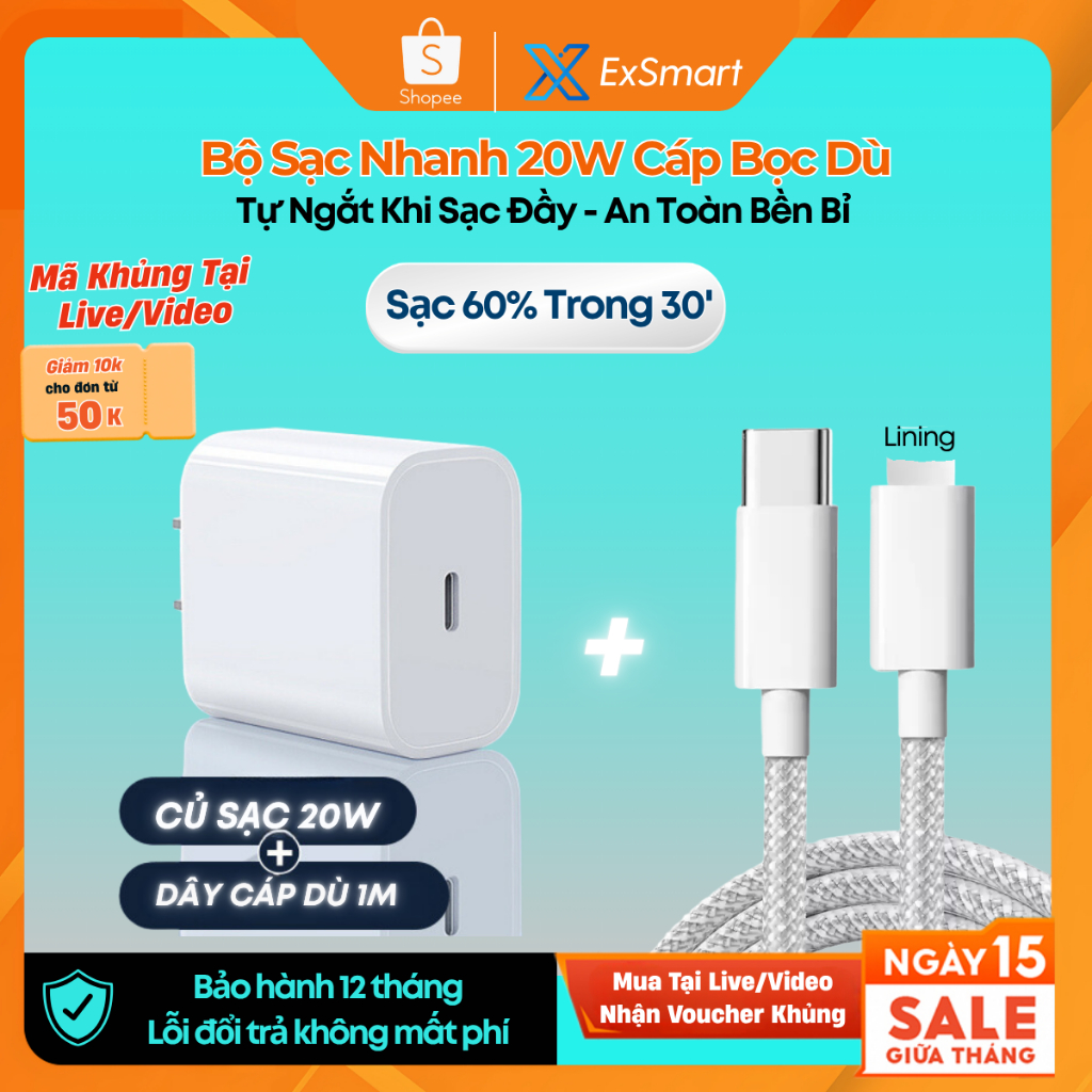 Bộ Sạc Nhanh Chính Hãng 20w Exsmart Dây Bọc Dù Tự Ngắt Khi Sạc Đầy chống gãy gập An Toàn Ổn Định Bảo