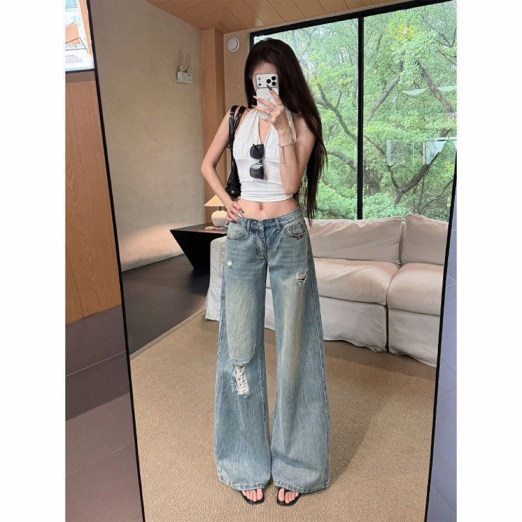 𝐘𝐮𝐫𝐢.𝐬𝐭𝐨𝐫𝐞 Quần Jeans Cạp Thấp Rách Gối Cá Tính Dễ Mix
