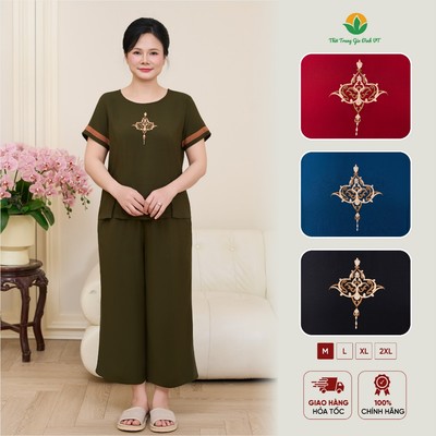 Bộ lanh trung niên nữ Việt Thắng quần lửng áo cộc tay cúc trang trí mặc nhà đi chợ - B26.6015