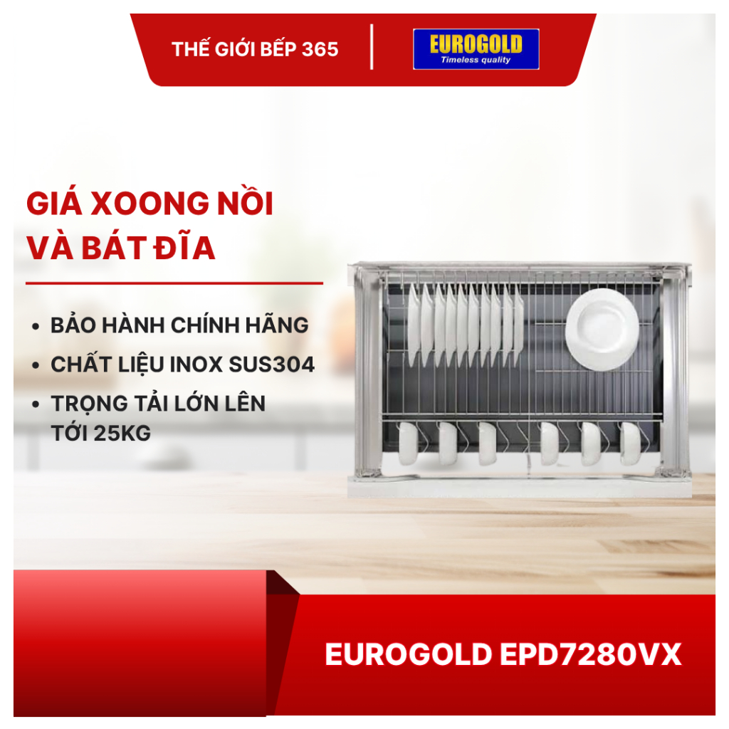Giá Bát Đĩa Eurogold EP80/EPD7280 – Kệ Úp Bát Inox 304 Lắp Âm Tủ