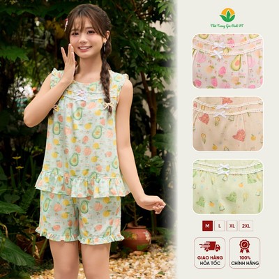 Bộ đồ nữ chất cotton Việt Thắng áo sát nách đùi nhún bèo họa tiết dễ thương - B42.6091