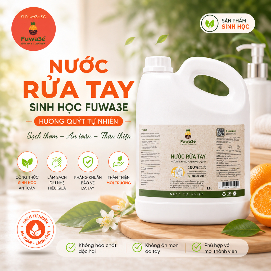 NƯỚC RỬA TAY FUWA3E CAN 3.8L DẠNG GEL HƯƠNG QUÝT – Sạch Khuẩn, Thơm Mát Tự Nhiên | Sỉ Fuwa3e SG