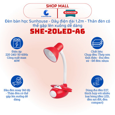 [HỎA TỐC] Đèn bàn học Sunhouse SHE-20LED-A6 - Đèn chưa kèm bóng đèn - Hàng chính hãng