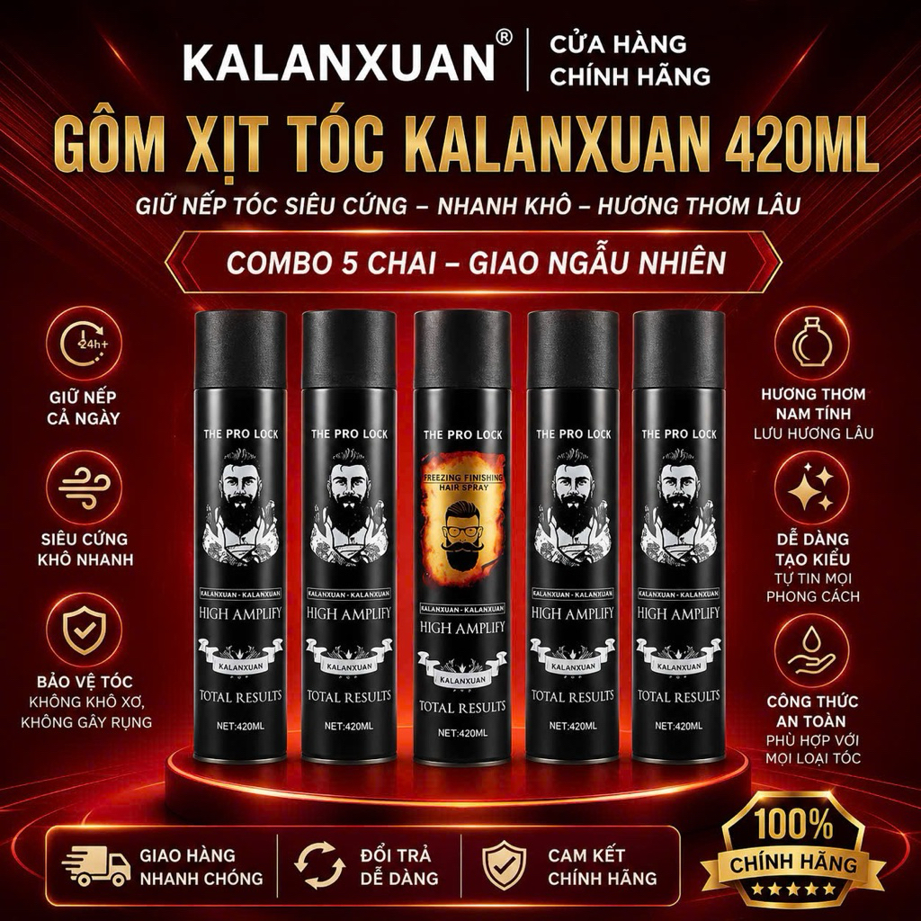 Combo 5 Chai Gôm Xịt Tóc KALANXUAN 420ML – Giữ Nếp Siêu Cứng, Nhanh Khô, Không Bết Tóc, Tạo Kiểu Nam Nữ