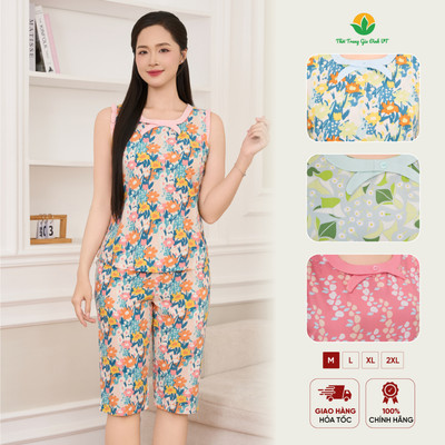 Bộ lanh sát nách nữ mặc nhà Việt Thắng, quần lửng áo cổ vuông phối nơ - B05.6045