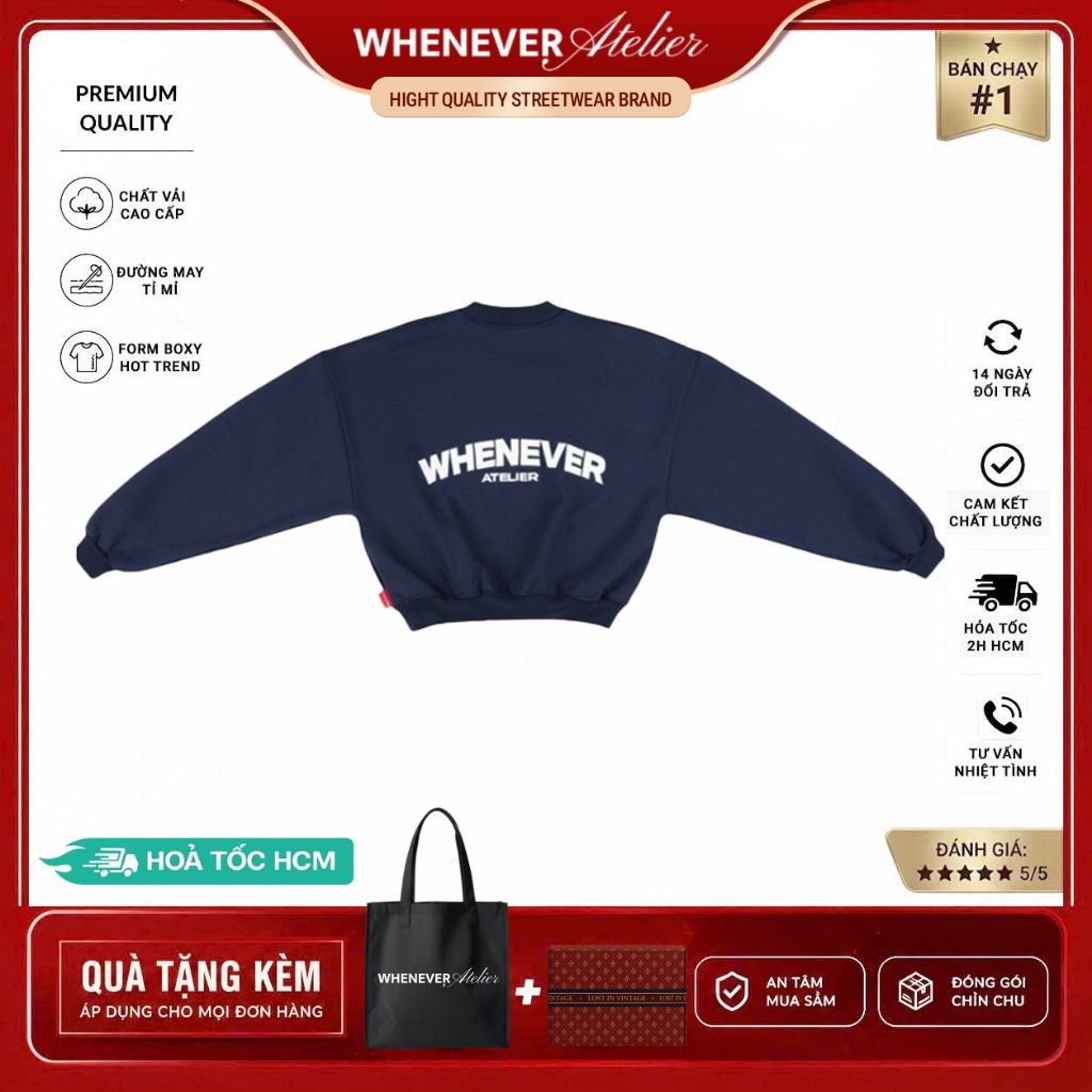 Whenever Atelier | Áo Sweater Whenever Basic Form Boxy Vải Nỉ Bông Cao Cấp - Navy