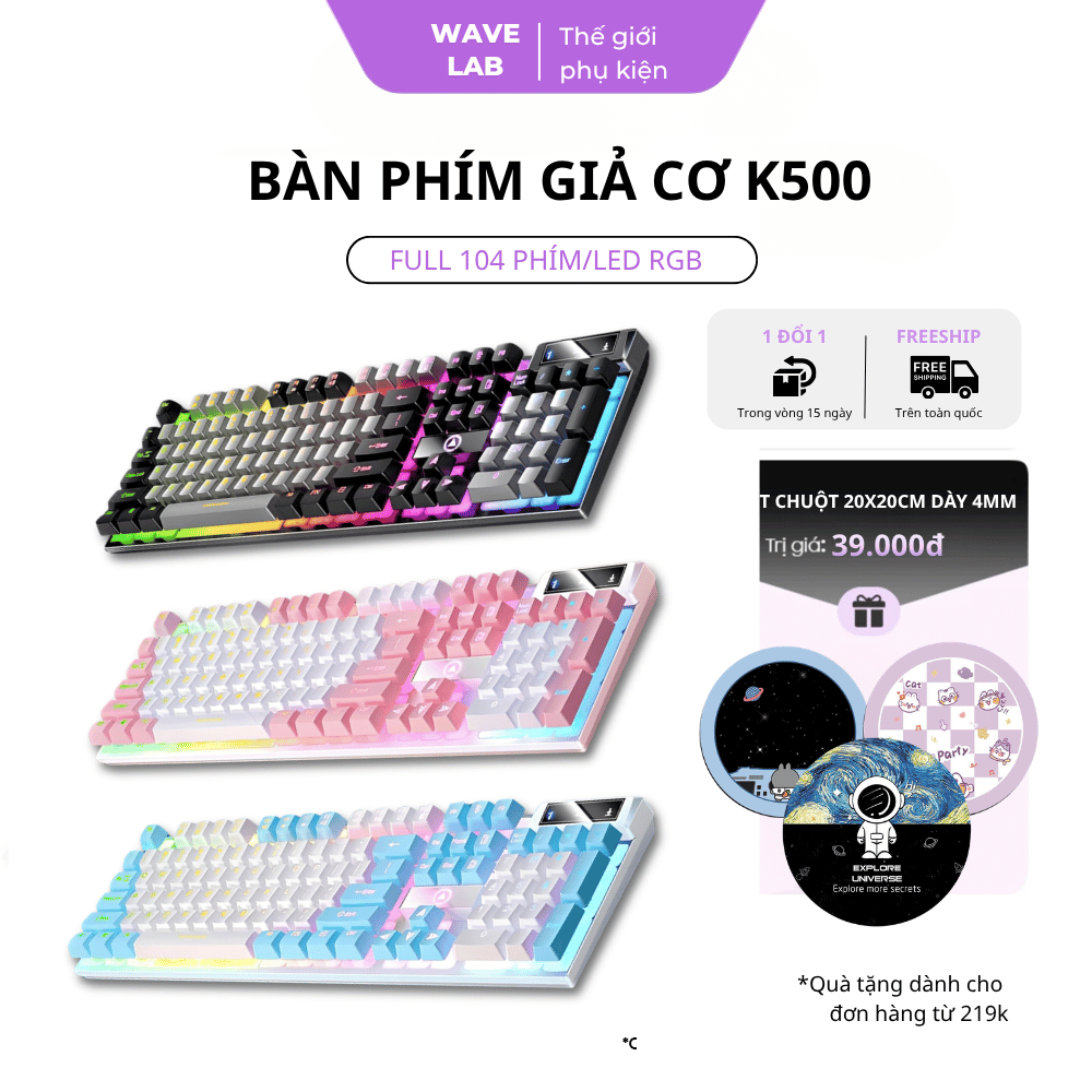 Bàn Phím Giả Cơ K500 LED RGB, Bàn phím Có Dây Giả Cơ 104 Phím Fullsize