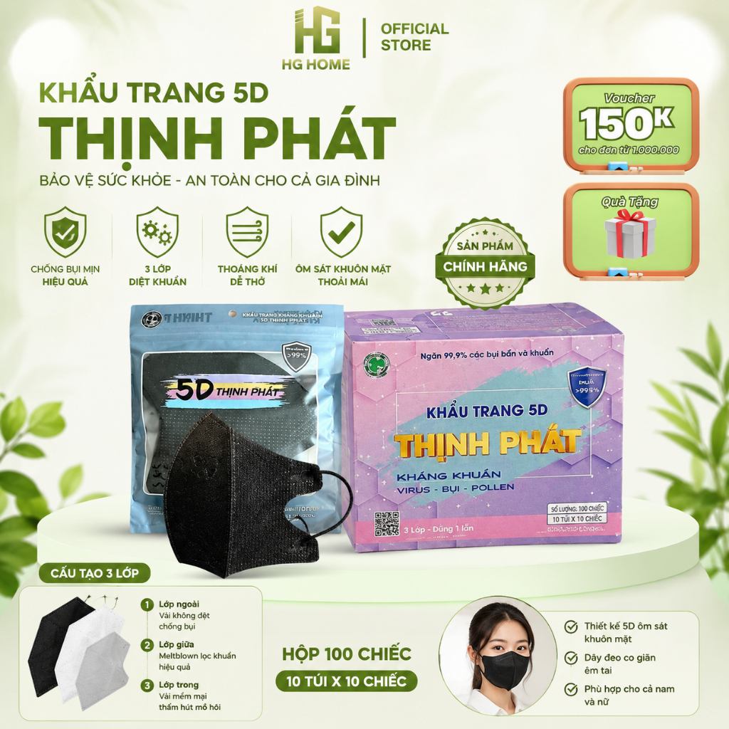 Hộp 100 Chiếc khẩu trang chống bụi 5D Thịnh Phát 3 Lớp diệt khuẩn [ sản phẩm chính hãng ]