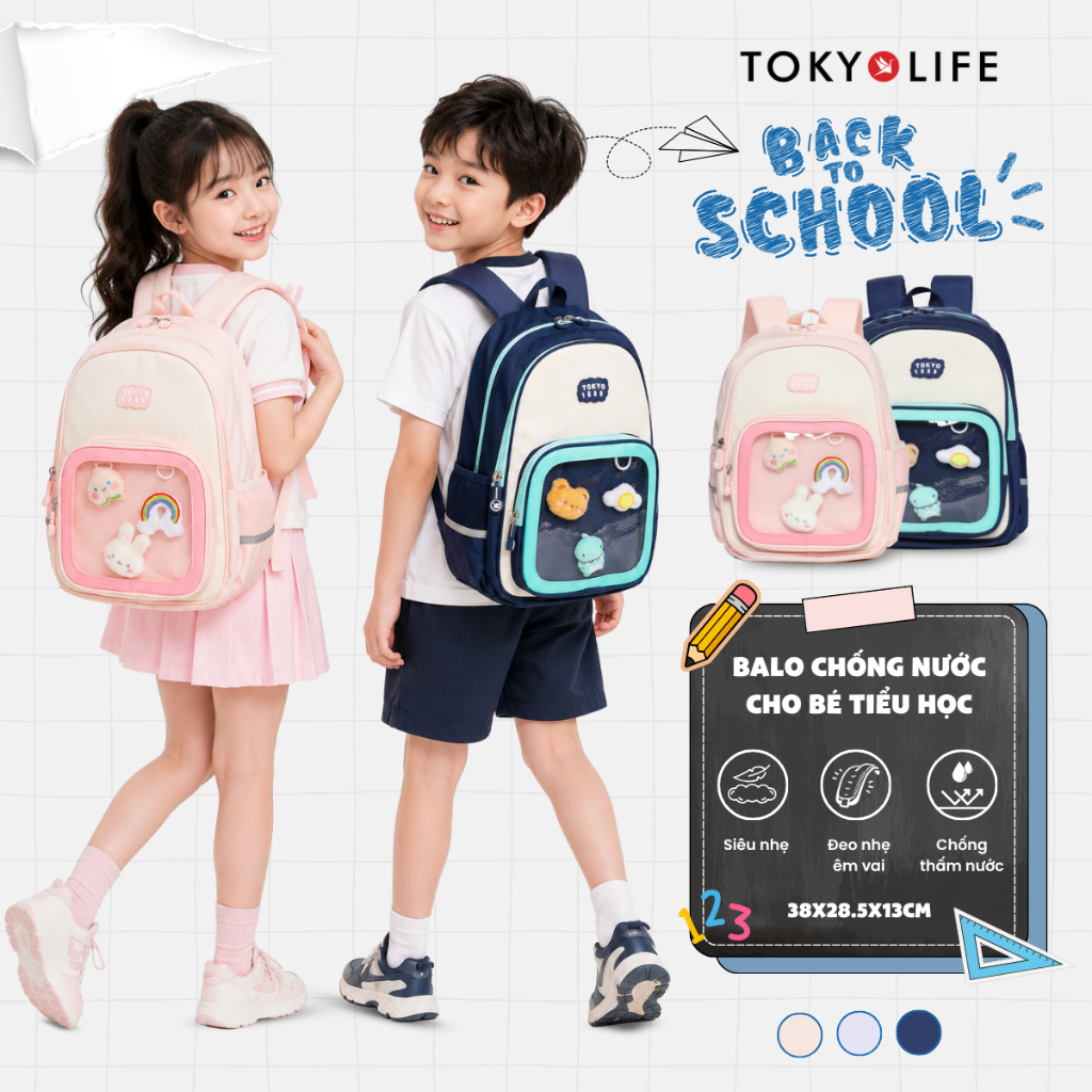 Ba lô cho bé tiểu học từ 5-8 tuổi TOKYOLIFE 40005563 - Balo trẻ em êm vai, chống thấm nước, kích thư