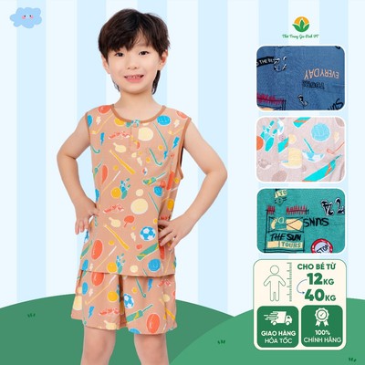 Bộ lanh tole bé trai quần đùi , áo sát nách viền cổ họa tiết thời trang Việt Thắng - B62.5020