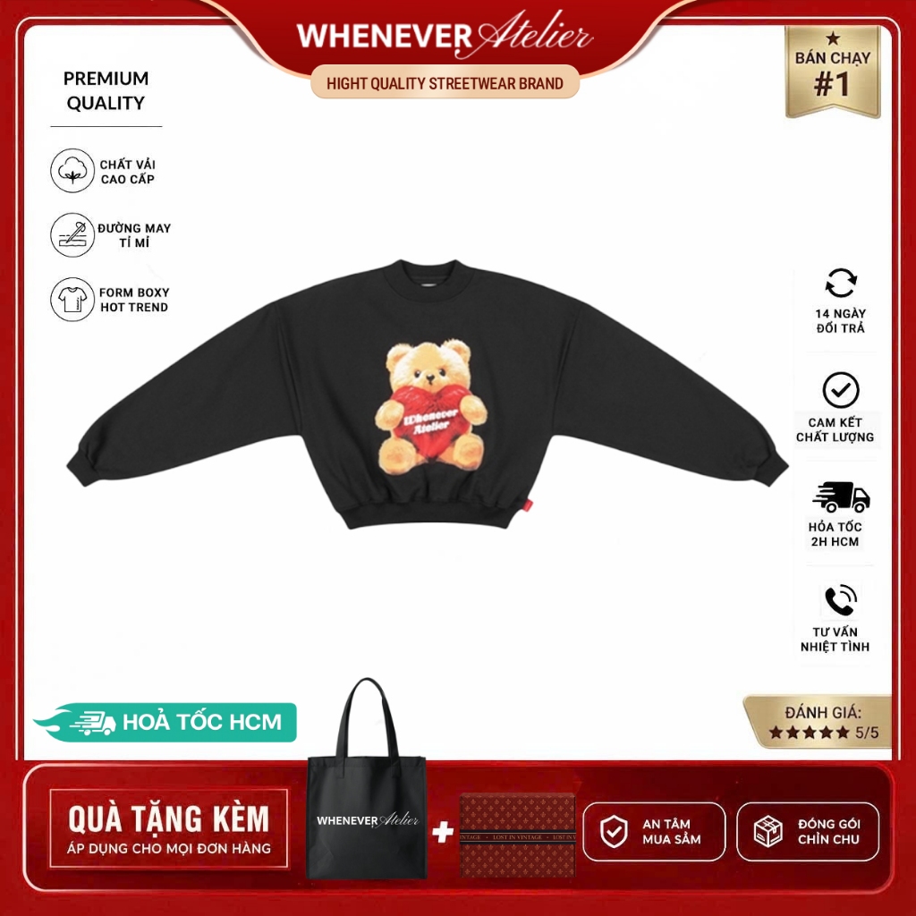 Whenever Atelier | Áo Sweater Whenever Bear Sweater Form Boxy Vải Nỉ Bông Cao Cấp - Black