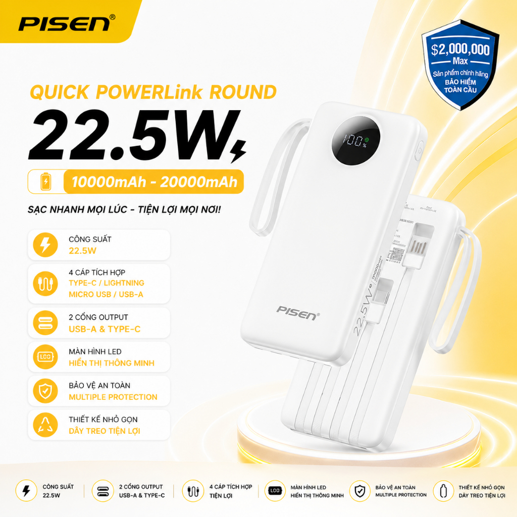 Sạc dự phòng PISEN QUICK POWERLink Round 22.5W 10000mAh - 20000mAh - Bảo hành 24 tháng
