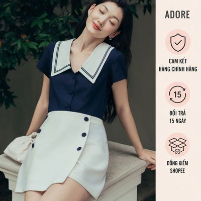 [ ADORE ] Set Áo Top navi cổ trắng phối dây trang trí  611TO1015 - Quần chân váy trắng phối khuy trang trí 613SK4001
