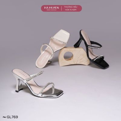 Guốc, dép cao gót nữ HÀ HUYỀN da bóng quai đá gót trụ 8cm - GL769