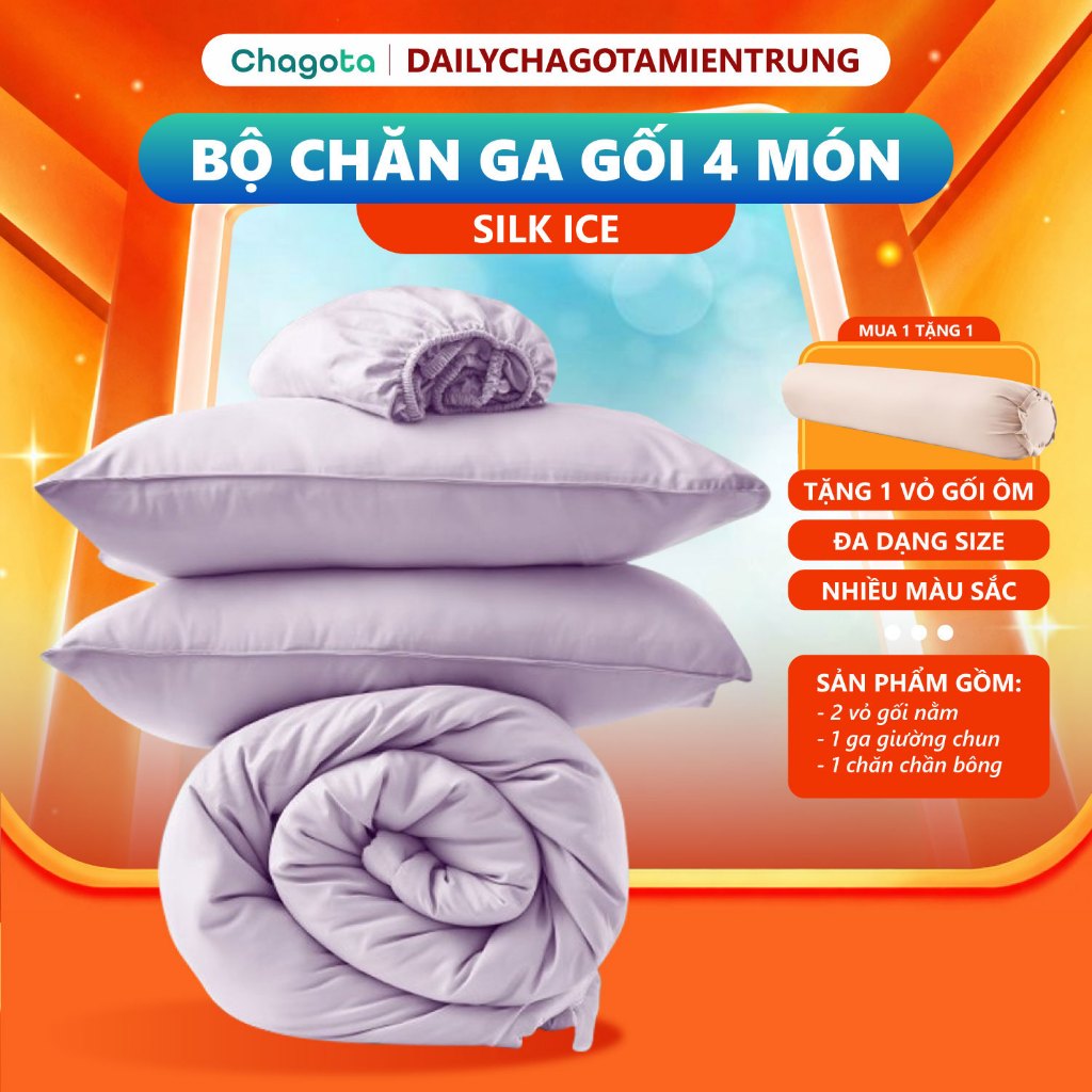Bộ 4 Món Chăn Ga Gối Lụa Silk Ice CHAGOTA 1mx2m - 2mx2m2, Công Nghệ Thoáng Khí, Bền Màu, Chống Xù Lô