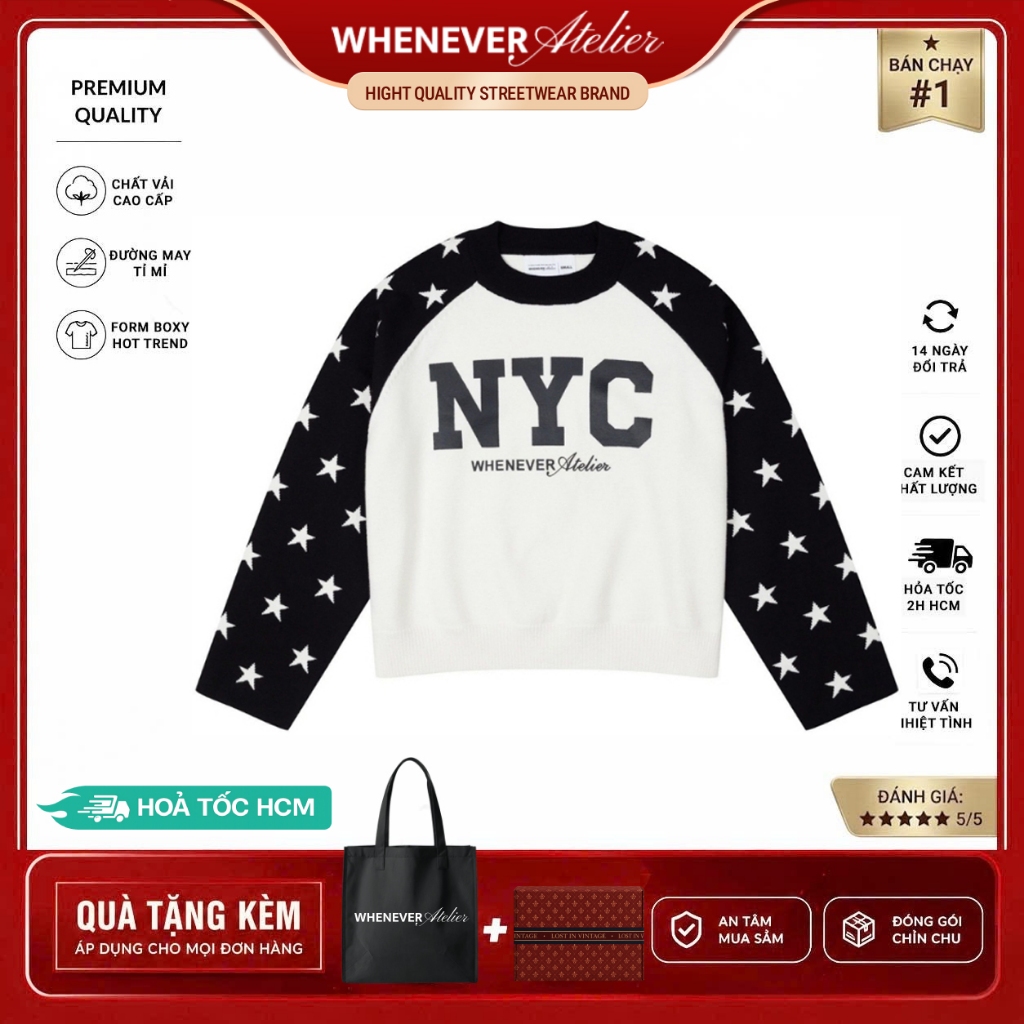 Whenever Atelier | Áo Sweater Whenever Star Raglan Form Boxy Vải Cao Cấp - White Black