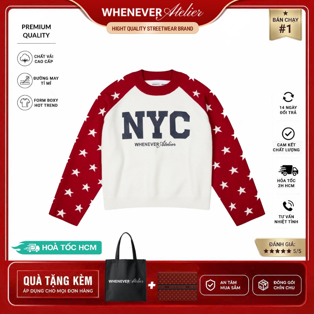 Whenever Atelier | Áo Sweater Whenever Star Raglan Form Boxy Vải Cao Cấp - White Red