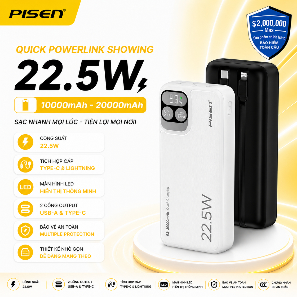 Sạc dự phòng PISEN QUICK Powerlink Showing 10000mAh - 20000mAh - Bảo hành 24 tháng
