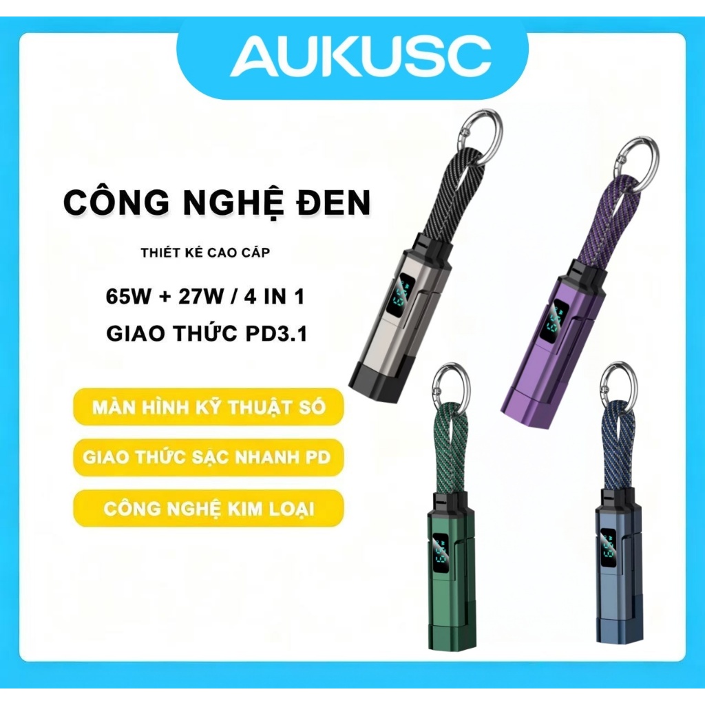 Dây sạc 4 IN 1 65W Sạc siêu nhanh LED Hiển thị số Có màn hình led Cáp sạc 4 trong 1 ngắn UBS iP Type